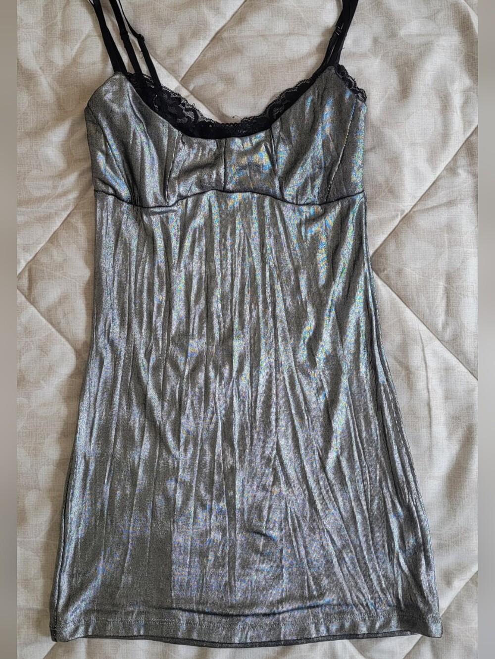 Urban Behavior Metallic Silver Babydoll Top with Black Lace Trim Size Xs/sheer